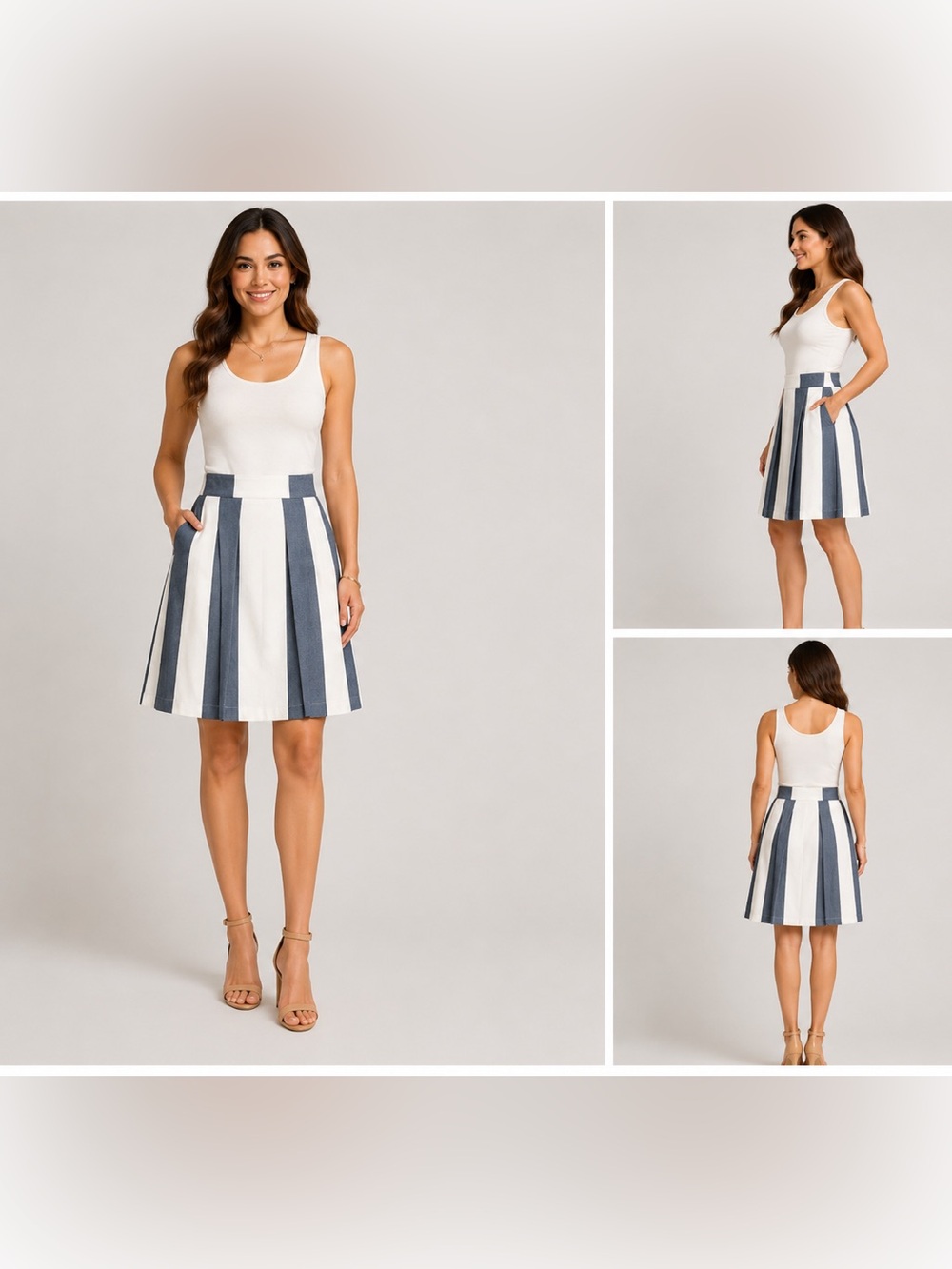 Boden Blue White Stripe Pleated Cotton Skirt US 2